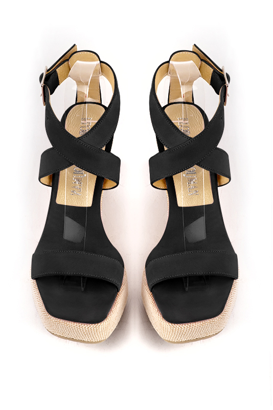 Matt black women's fully open sandals, with crossed straps.. Top view - Florence KOOIJMAN
